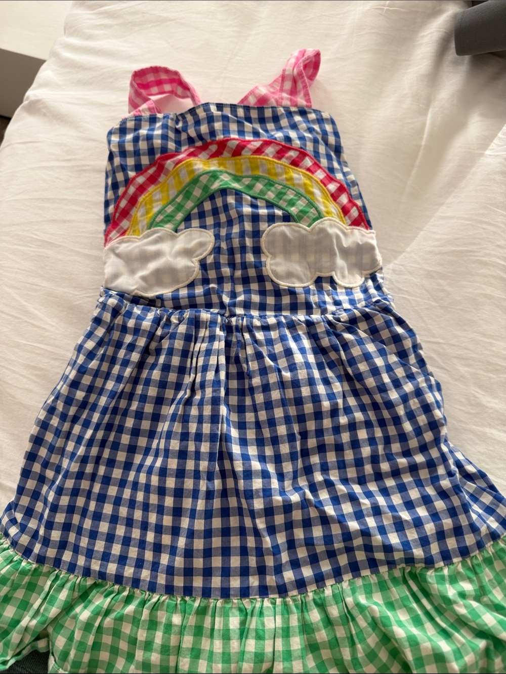Mini Boden Blue Gingham Rainbow Dress with Pink Straps